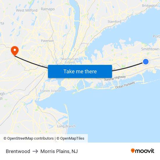 Brentwood to Morris Plains, NJ map