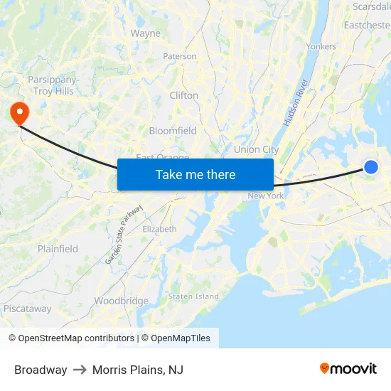 Broadway to Morris Plains, NJ map