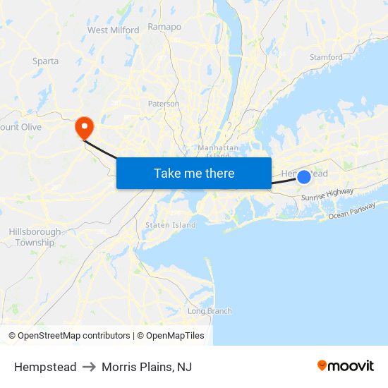 Hempstead to Morris Plains, NJ map