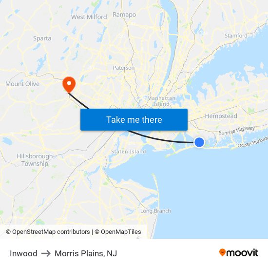 Inwood to Morris Plains, NJ map