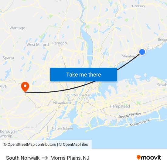 South Norwalk to Morris Plains, NJ map