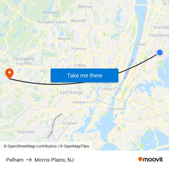 Pelham to Morris Plains, NJ map