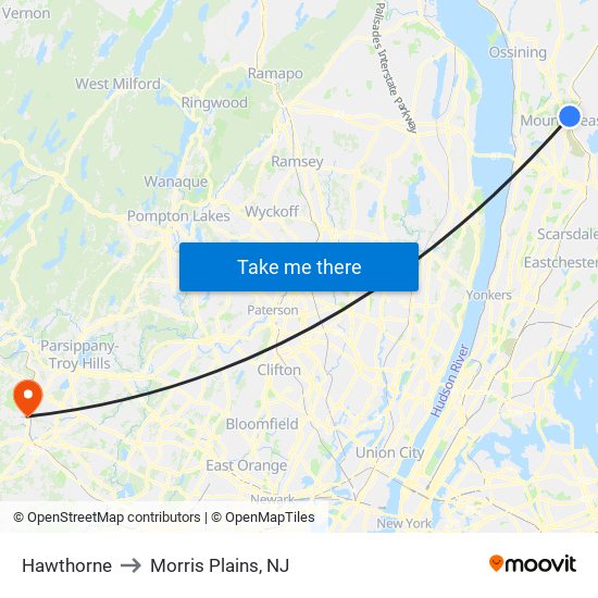 Hawthorne to Morris Plains, NJ map