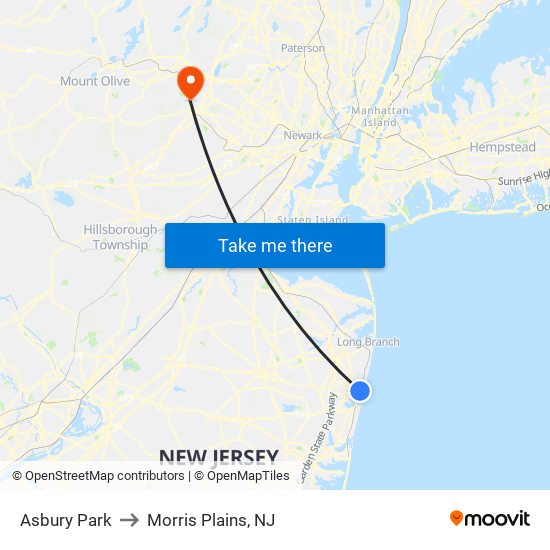 Asbury Park to Morris Plains, NJ map