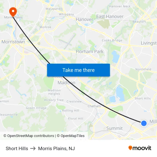 Short Hills to Morris Plains, NJ map