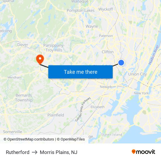 Rutherford to Morris Plains, NJ map