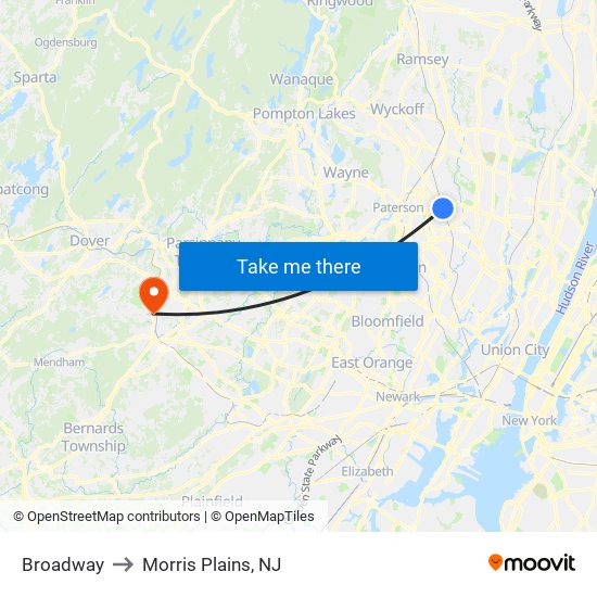 Broadway to Morris Plains, NJ map