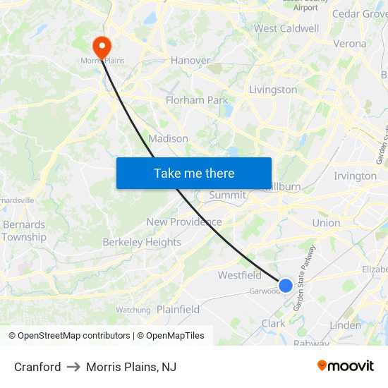 Cranford to Morris Plains, NJ map