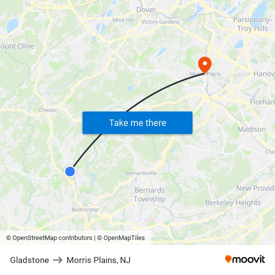 Gladstone to Morris Plains, NJ map