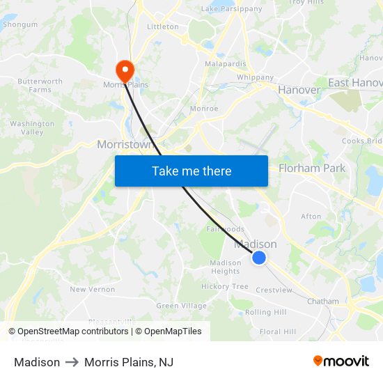 Madison to Morris Plains, NJ map