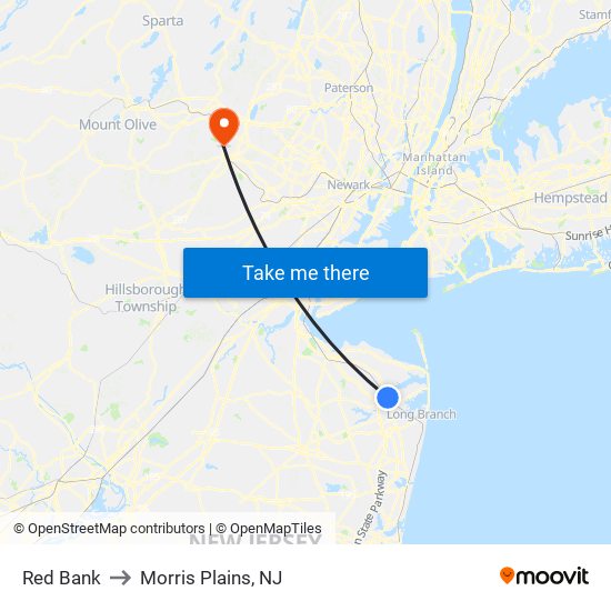 Red Bank to Morris Plains, NJ map