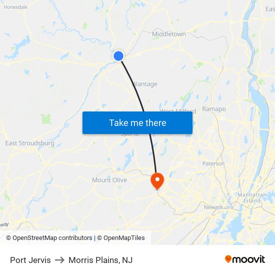 Port Jervis to Morris Plains, NJ map