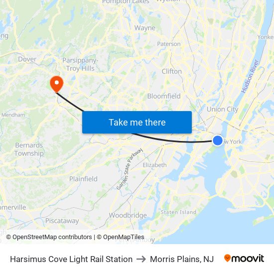 Harsimus Cove Light Rail Station to Morris Plains, NJ map