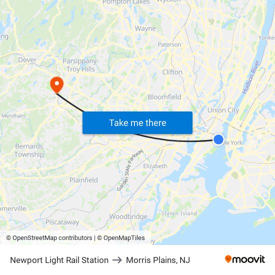 Newport Light Rail Station to Morris Plains, NJ map