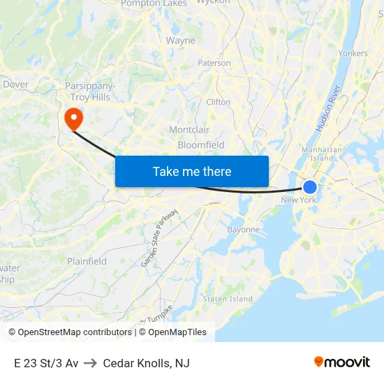 E 23 St/3 Av to Cedar Knolls, NJ map