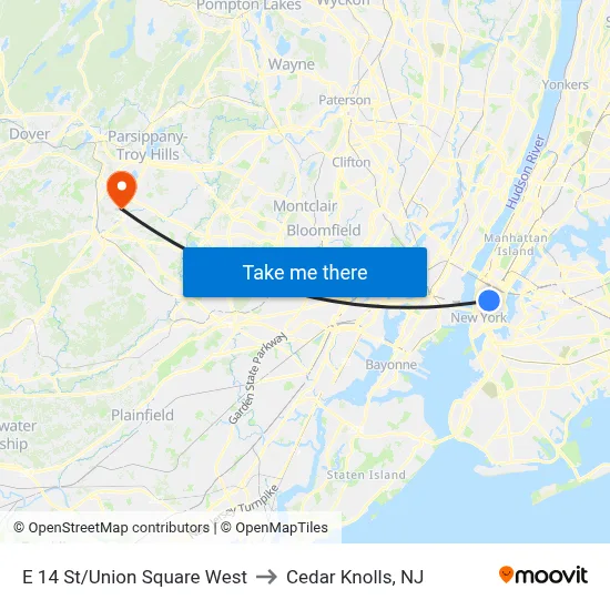 E 14 St/Union Square West to Cedar Knolls, NJ map