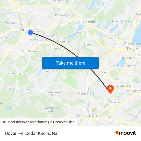 Dover to Cedar Knolls, NJ map