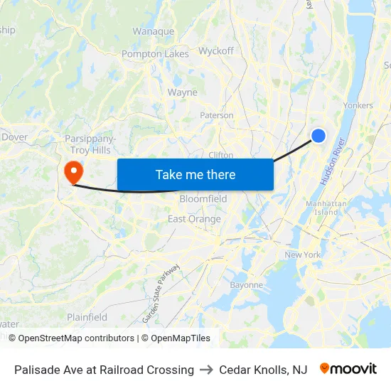 Palisade Ave at Railroad Crossing to Cedar Knolls, NJ map