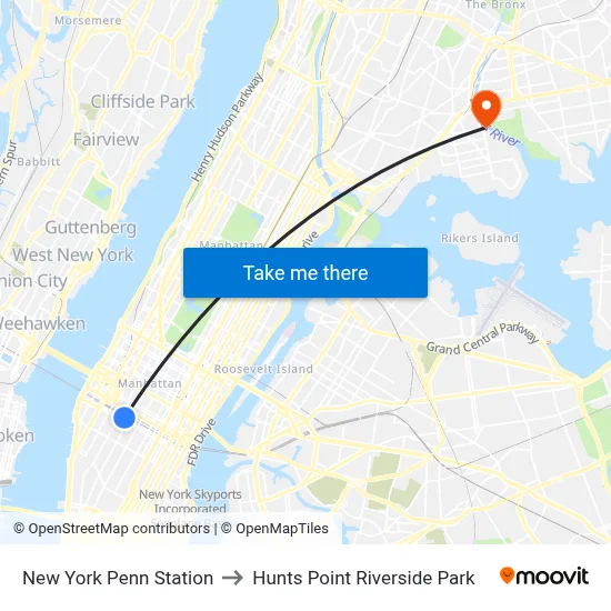 New York Penn Station to Hunts Point Riverside Park map