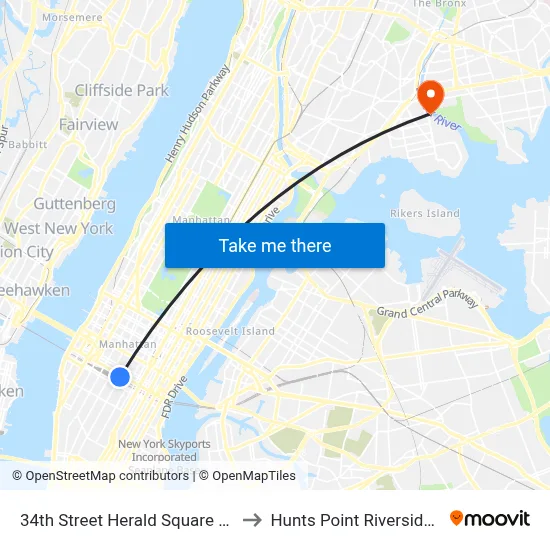 34th Street Herald Square Station to Hunts Point Riverside Park map