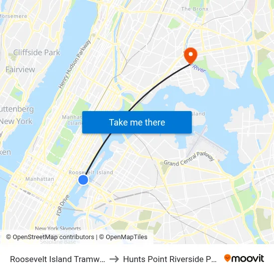 Roosevelt Island Tramway to Hunts Point Riverside Park map