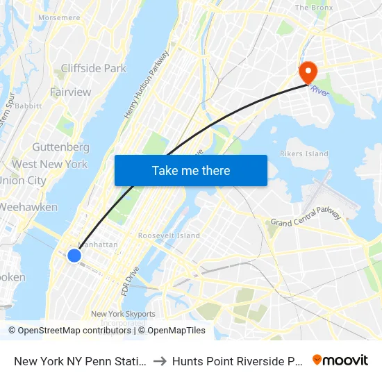 New York NY Penn Station to Hunts Point Riverside Park map