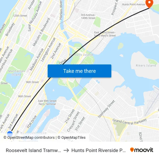 Roosevelt Island Tramway to Hunts Point Riverside Park map