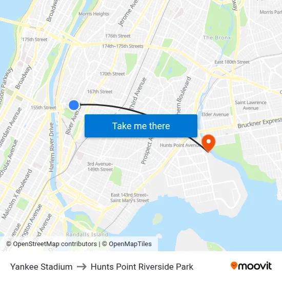 Yankee Stadium to Hunts Point Riverside Park map