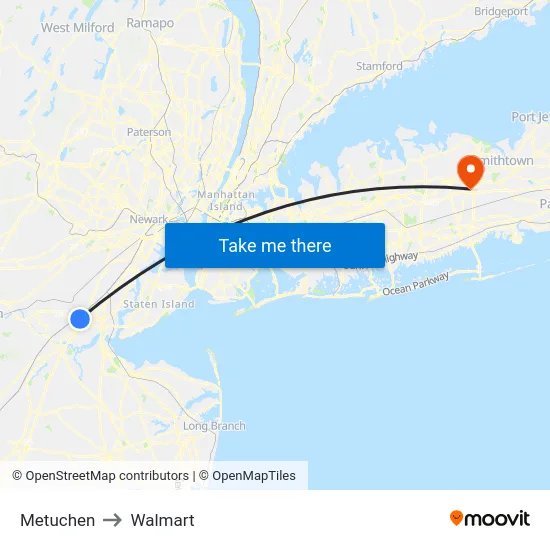 Metuchen to Walmart map