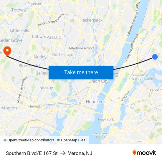 Southern Blvd/E 167 St to Verona, NJ map