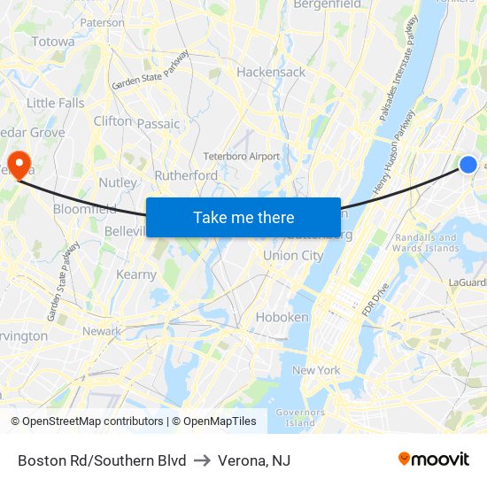 Boston Rd/Southern Blvd to Verona, NJ map