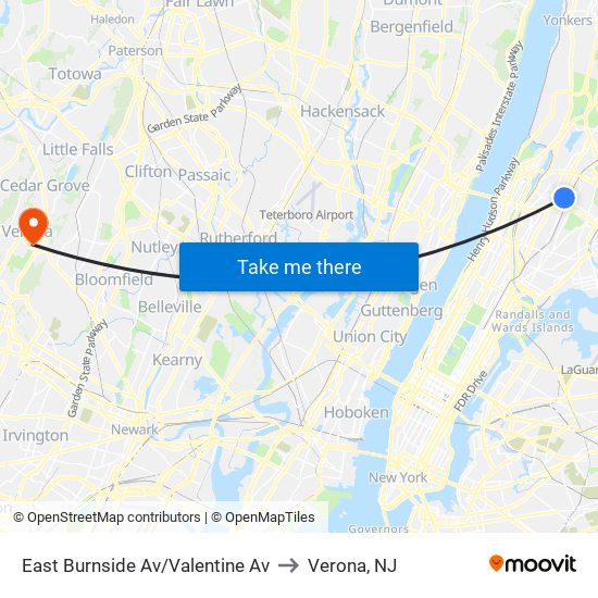 East Burnside Av/Valentine Av to Verona, NJ map