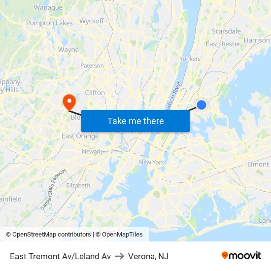 East Tremont Av/Leland Av to Verona, NJ map