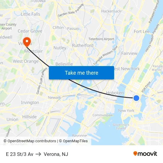 E 23 St/3 Av to Verona, NJ map