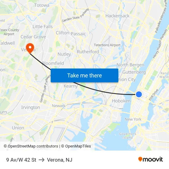 9 Av/W 42 St to Verona, NJ map