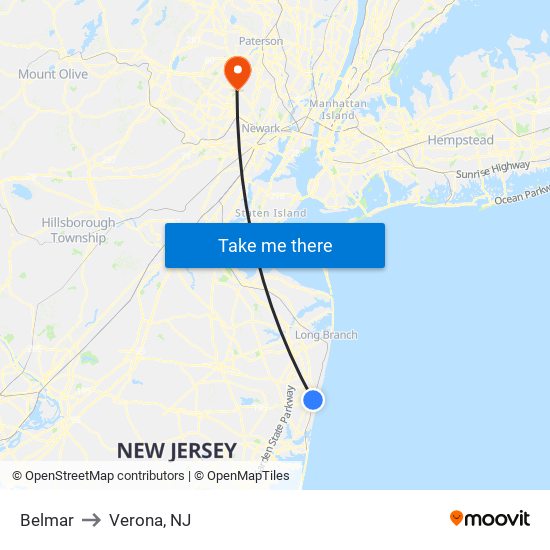 Belmar to Verona, NJ map