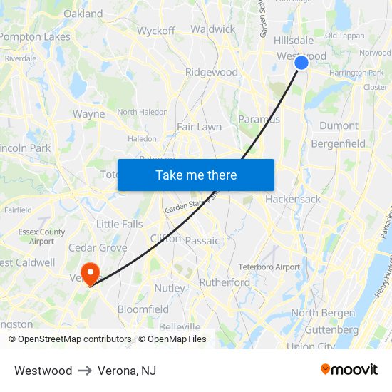 Westwood to Verona, NJ map