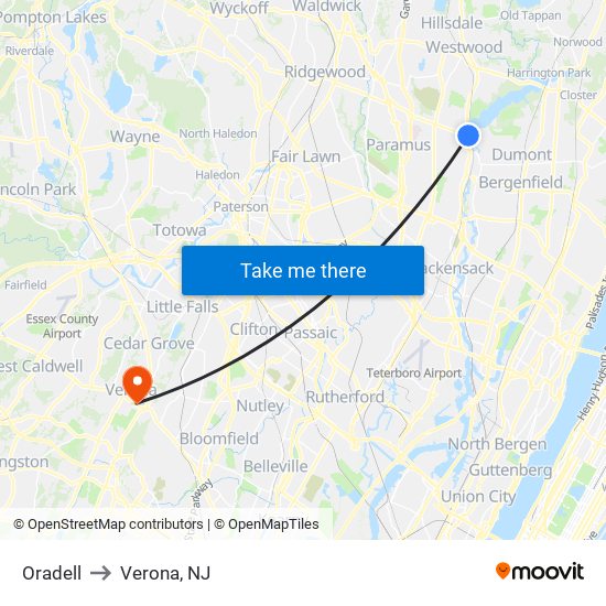 Oradell to Verona, NJ map