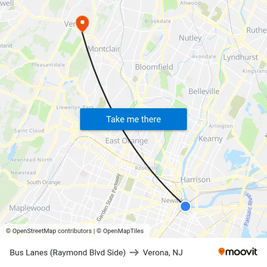 Bus Lanes (Raymond Blvd Side) to Verona, NJ map