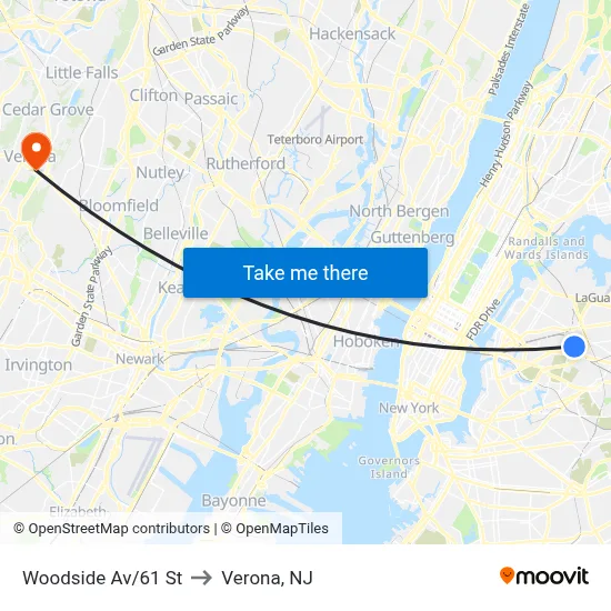 Woodside Av/61 St to Verona, NJ map