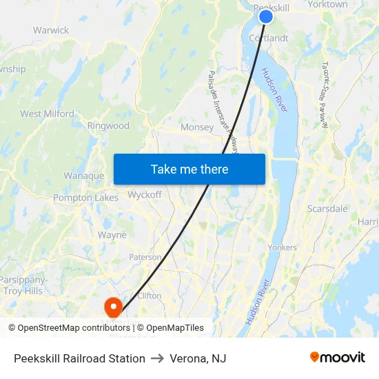 Peekskill Railroad Station to Verona, NJ map