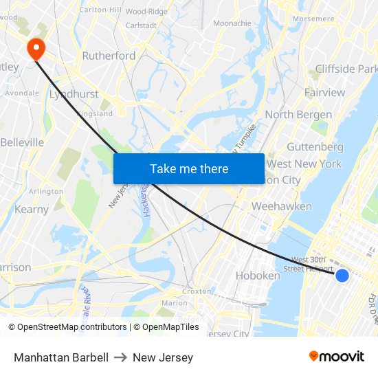 Manhattan Barbell to New Jersey map