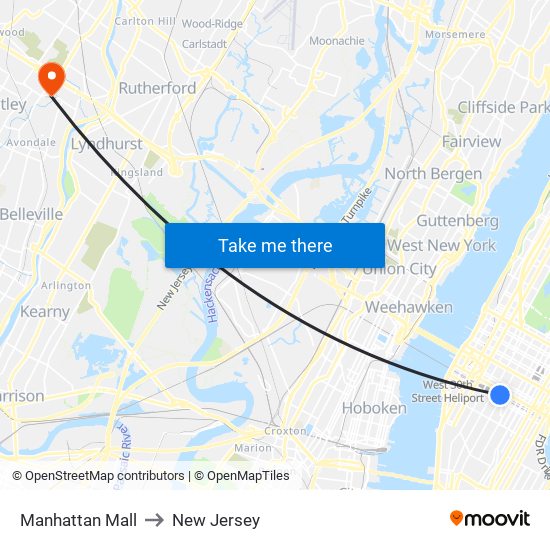Manhattan Mall to New Jersey map