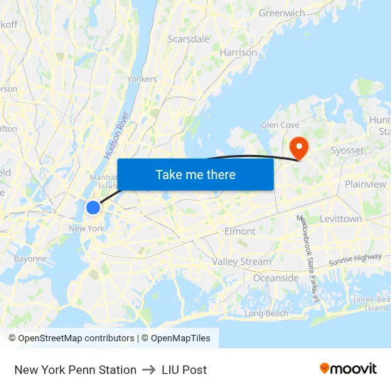 New York Penn Station to LIU Post map