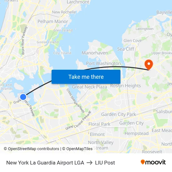 New York La Guardia Airport LGA to LIU Post map