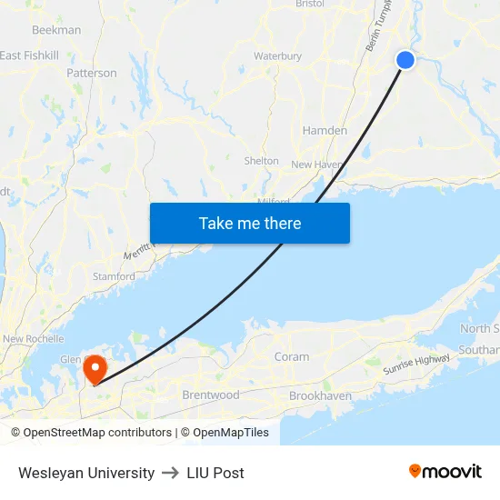 Wesleyan University to LIU Post map