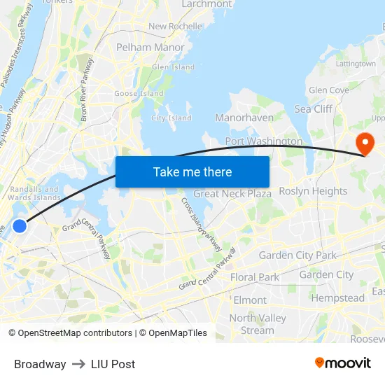 Broadway to LIU Post map