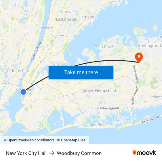 New York City Hall to Woodbury Common map