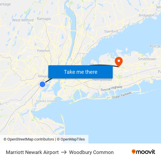 Marriott Newark Airport to Woodbury Common map