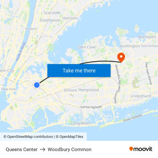 Queens Center to Woodbury Common map